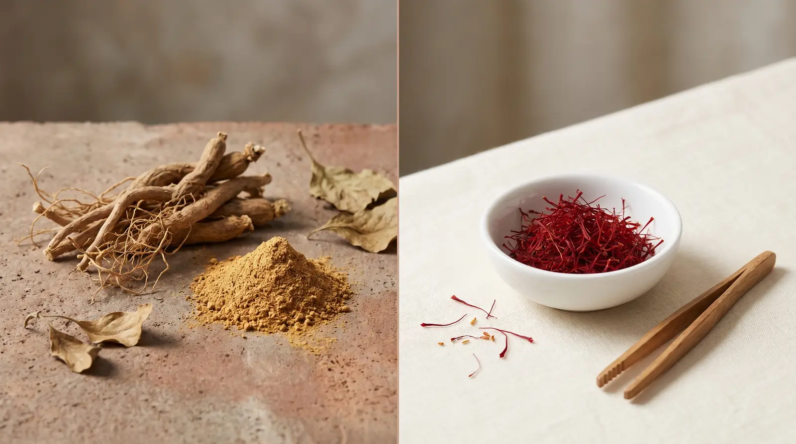 Comparatif visuel : pot Biocyte Ashwagandha Gummies à gauche, pot Naali Anti-Stress Safran à droite, sur fond crème, vue de dessus