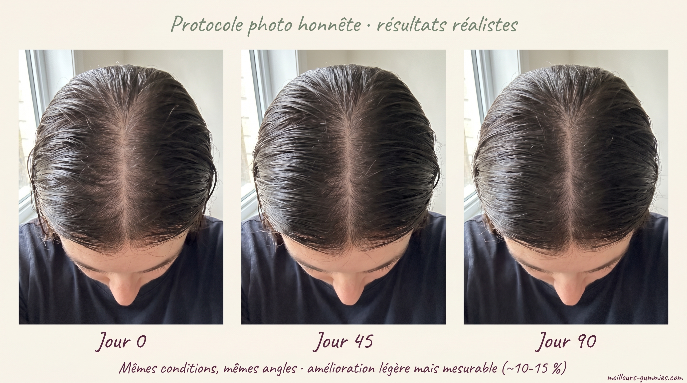 Le protocole photo honnête : mêmes conditions (lumière naturelle, cheveux secs, vue de dessus, t-shirt uni) à J0 / J45 / J90.