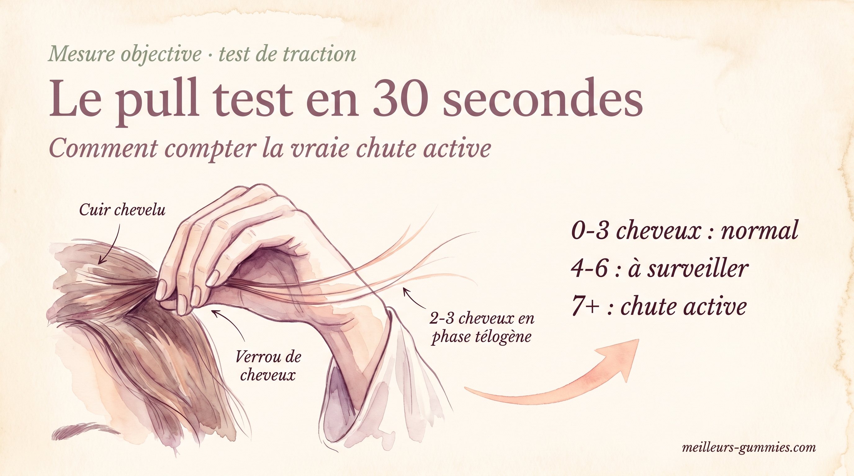 Le pull test en 30 secondes : 0-3 cheveux restés dans la main = normal, 4-6 = à surveiller, 7+ = chute active.